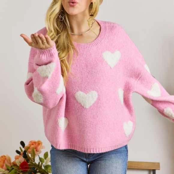 SOLD OUT Candy Pink Heart Valentines Day Crew Neck Pullover Relaxed Fit Knit - Picture 4 of 5